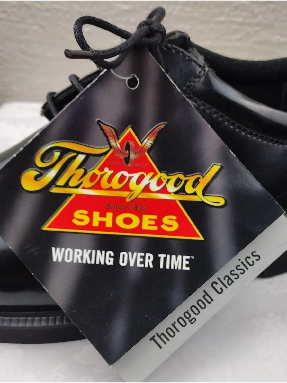 Thorogood Poromeric Black Patent Leather Almond Toe Lace Up Academy Oxford Shoe